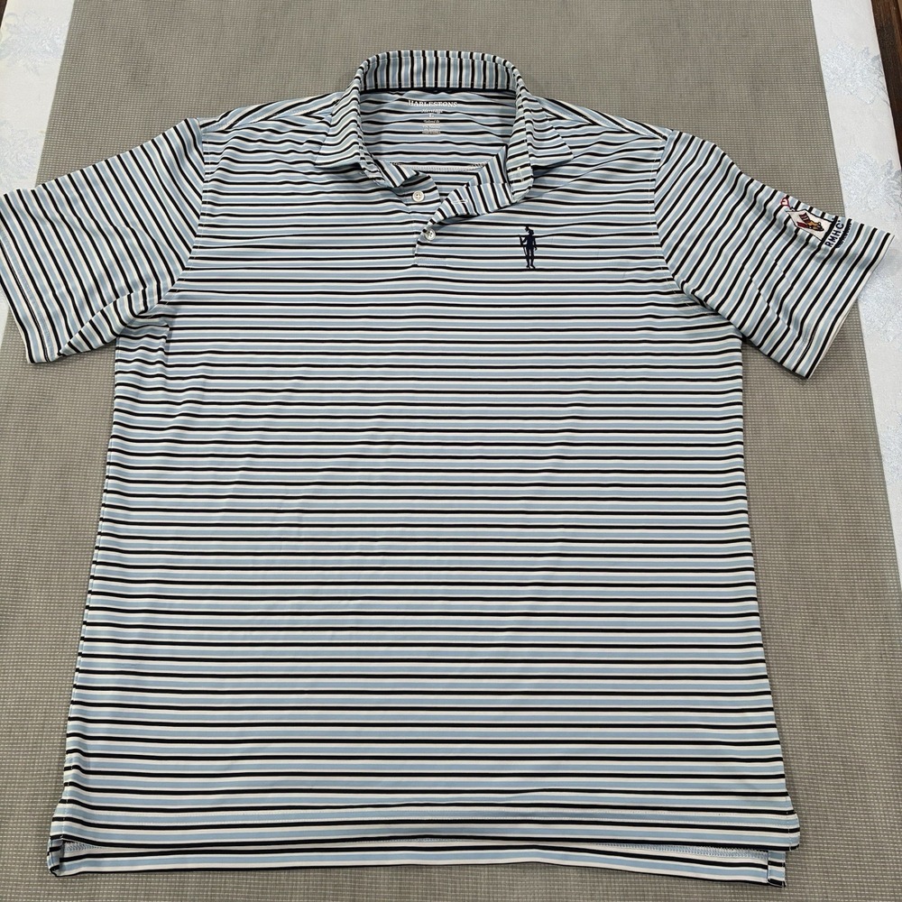 Harlestons Heritage Mens Size L Tailored Fit Blue Stripe Golf Polo Shirt Stretch
